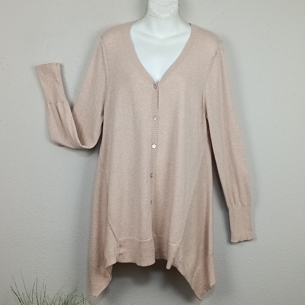 Logo Womens Tan Cashmere Blend Button Front Shark Bite Hem Cardigan  Sweater L